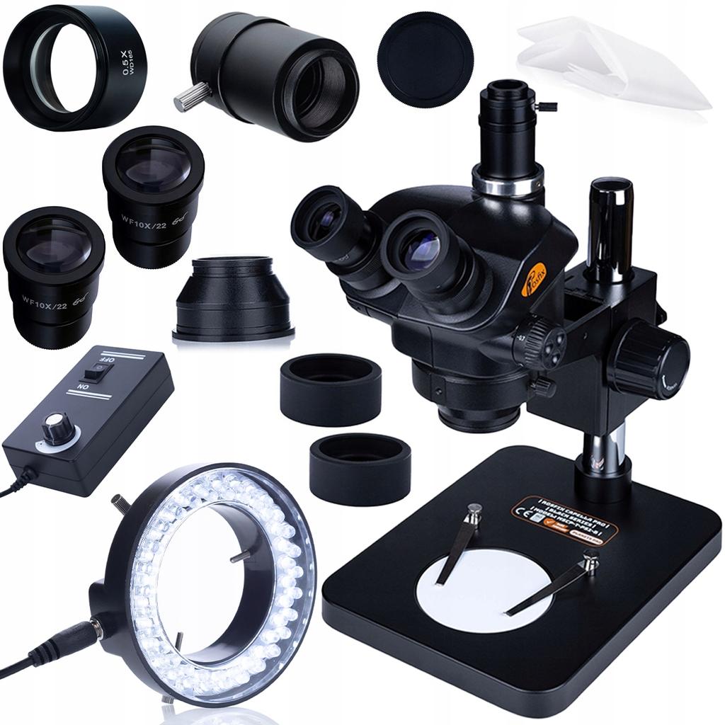 Rosfix Mikroskop Trinokularowy 7-45x Z Barlow 0,5x I LED 56 – Zoom Optyczny | Głowica C-Mount | Regulowane Światło