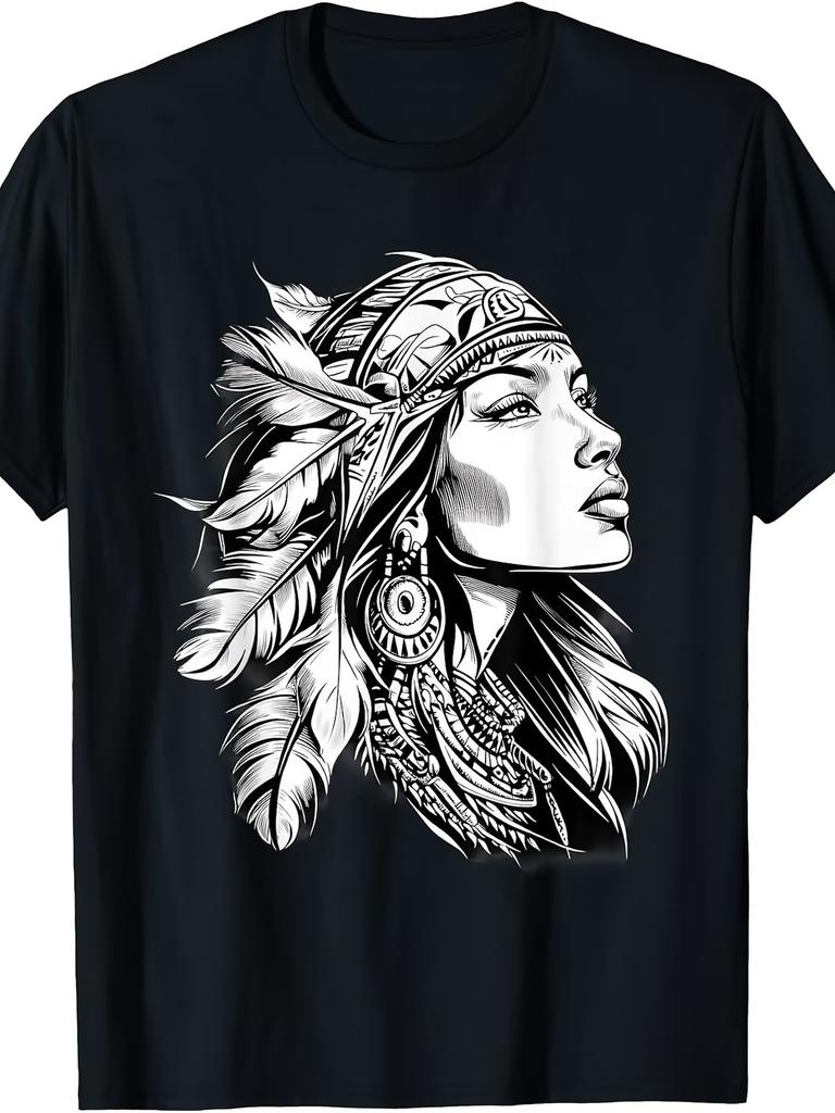 Native American Indian Tribe Girl Feather Headdress T-Shirt Same Style for Men a