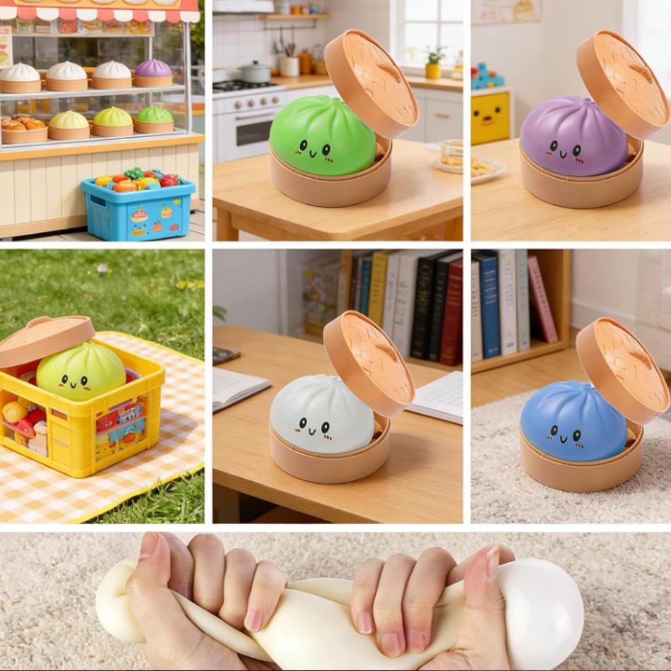 Simulation Food Dumpling Squishy Squeeze Ball Colorful Sensory Fidget Toy With Steamer For Stress Relief Home Desktop Decor Gift