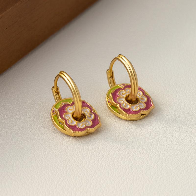 Guochao New Chinese Style Enamel Color Retro Earrings Women's Circle Removable Light Luxury Premium Ethnic Ear Buckle