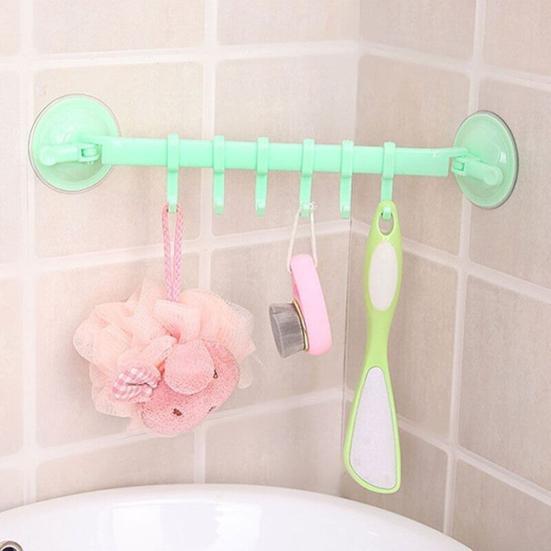 6 Hook Wall Mounted Towel Rack, No Drill Plastic Bathroom Organizer, Corner Shower Storage Holder for Towels, Bath Accessories and Kitchen Supplies