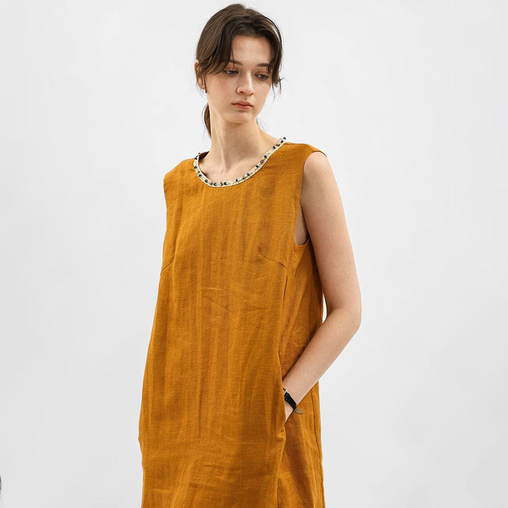 WEDNESDAY DELIGHT Wd_Lace Layered Linen Dress_Brown