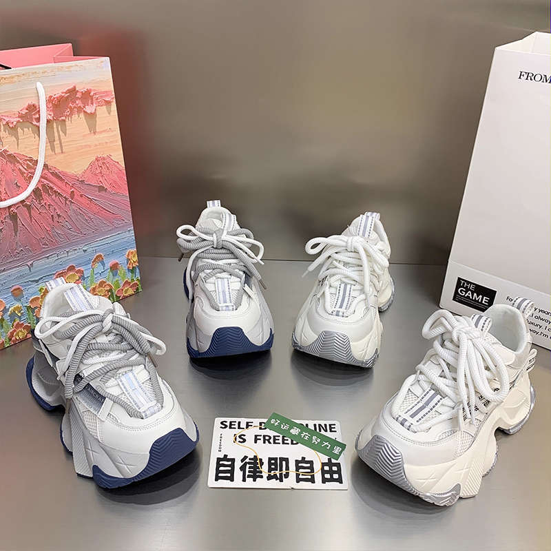 Korean version of mesh dad shoes women 2025 new color matching heightened thick sole lace-up sports leisure breathable soft bottom trendy