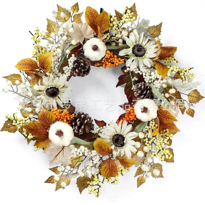 Harvest Wreath With Pumpkins Berries Vine Circle Halloween Thanksgiving Door Decor