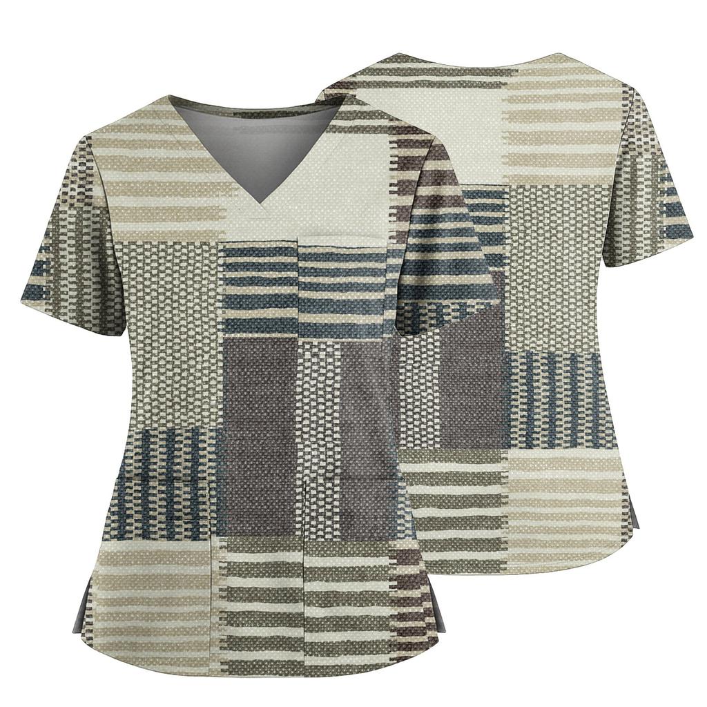 Women's Casual Printed V-Neck Pocket Side Slit Short Sleeved Top Short Sleeved Top