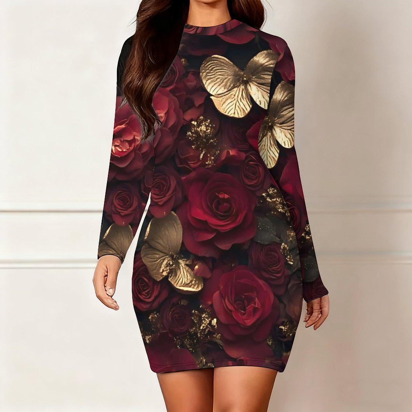 

2025 Осінньо-зимовий Новий Жіночий Модний Плаття з Довгим Рукавом та Круглим Вирізом, що Облегає Стегна, з 3D Квітковим Принтом та Фарбуванням, Обмежена Серія до Дня Святого Валентина L червоний