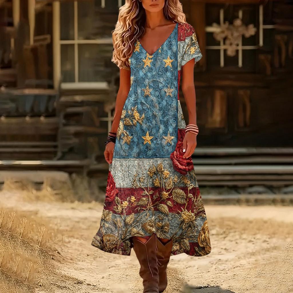 Women’s Short Sleeve V Neck Maxi Dress with Butterfly and Striped Print Loose Fit Casual Bohemian Style Summer Dress