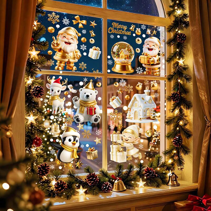 Christmas Window Clings, PVC Static Double-Sided Stickers with Snowflakes and Winter Character Designs for Glass Decor