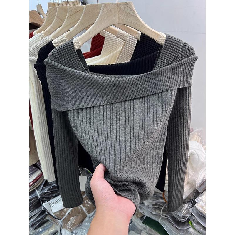 One-word shoulder top women's spring irregular slim-fit Spice Girls knitted sweater niche chic bottoming shirt
