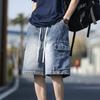 Vintage Blue Men's Denim Shorts Summer Large Pocket Loose Wide Leg Cargo Jeans Knee Length Elastic Waist Casual Shorts