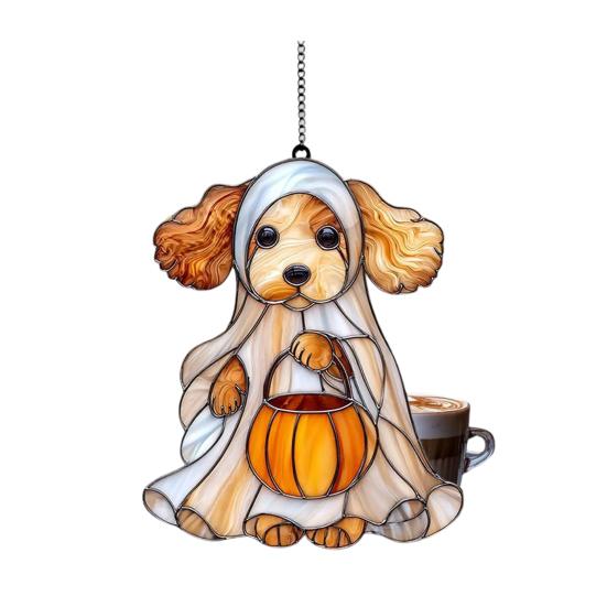 Halloween Ghost Suncatcher Colorful Dog/Cat Pattern Window Hanging Ornament with Pumpkin 2D Acrylic Suncatcher for Halloweens Decor