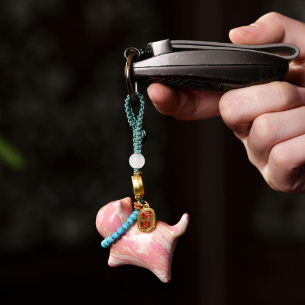 Woven Lanyard Lucky Cat Keychain Carved Sandalwood Fortune Cat Pendant Phone Attachment