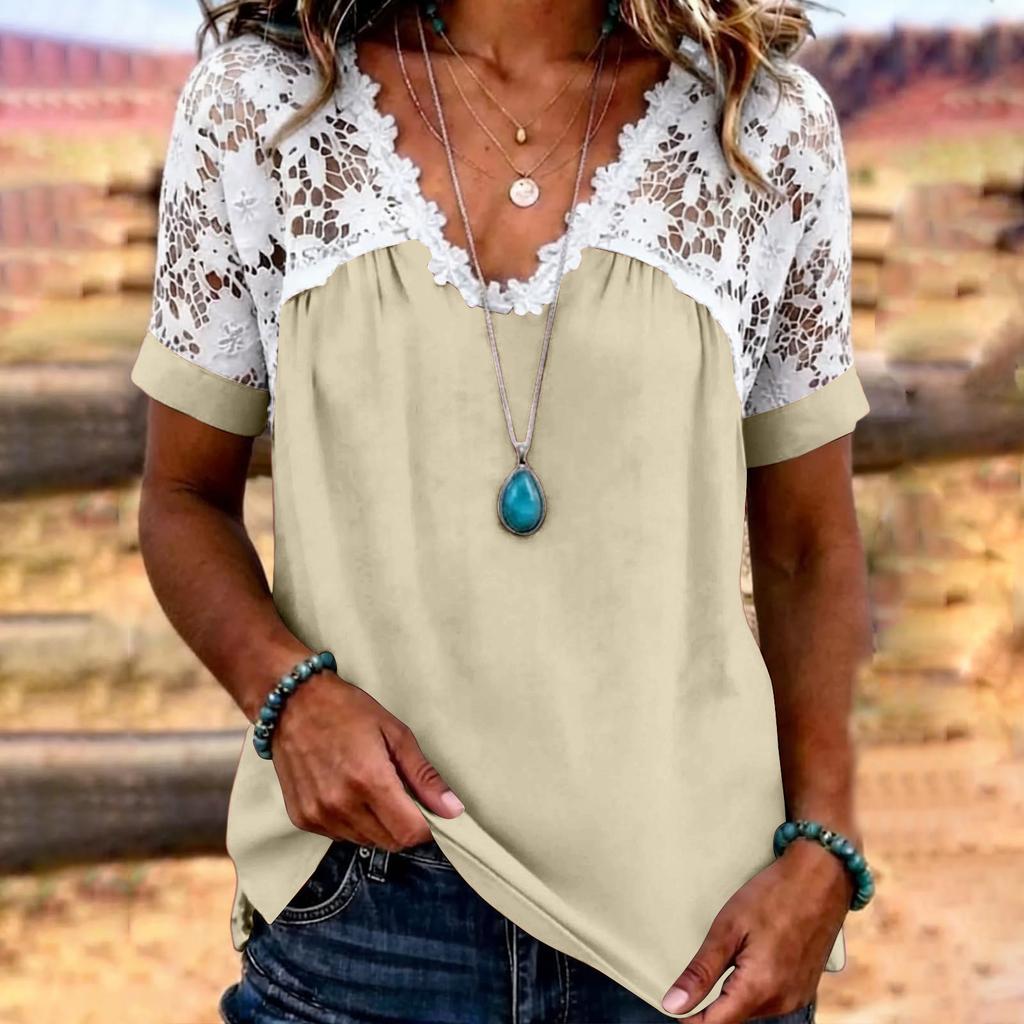 Women’s Short Sleeve Lace Patchwork Blouse V Neck Casual Loose Fit Top with Floral Crochet Design for Daily Wear