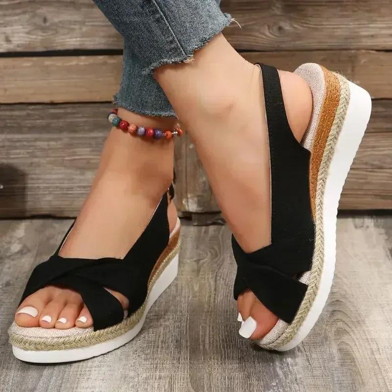 Fashion Wedge Flat Sandals Women Summer Slingbacks Peep Toe Platform Shoes for Women Light Non-slip Comfort Fabric Cushion Beach Sandals