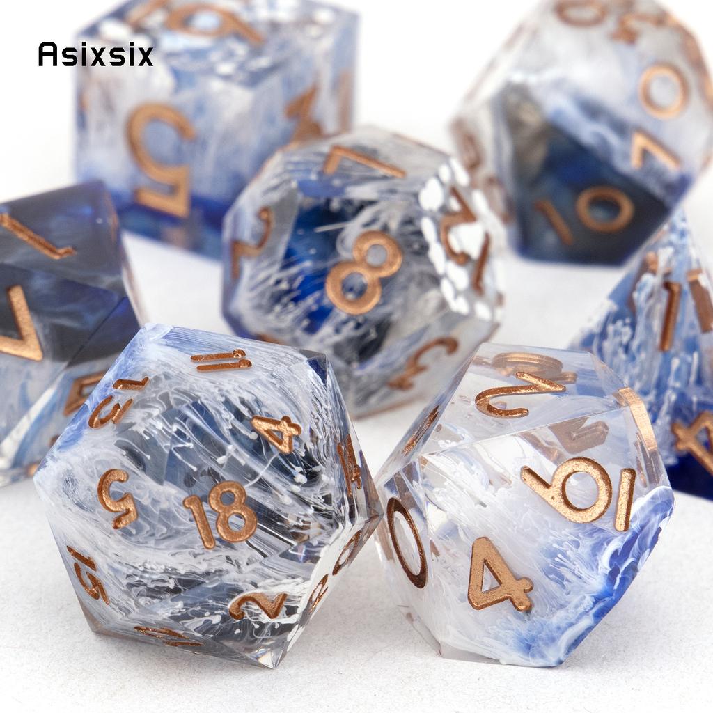 7 Pcs Blue Golden Number Sharp Edge Resin Dice Polyhedral Dice Suitable For Role-Playing Dice PropBoard Game