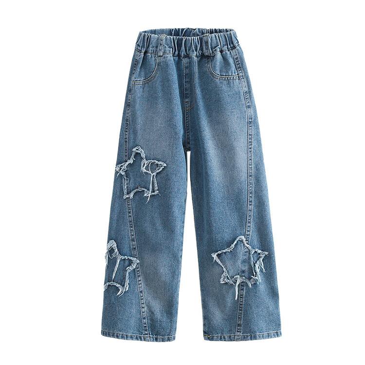 Girls Wide Leg Pants Spring Autumn Loose Fitting Children's Straight Leg Pants, Five Pointed Star Casual Big Children's Spring Jeans