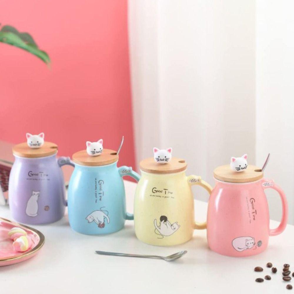 Trinkgeschirr Japanischer Stil Cartoon Katze Tasse Keramik mit Holzdeckel Teetasse 450ml mit Löffel Eiskaffee Joghurtbecher