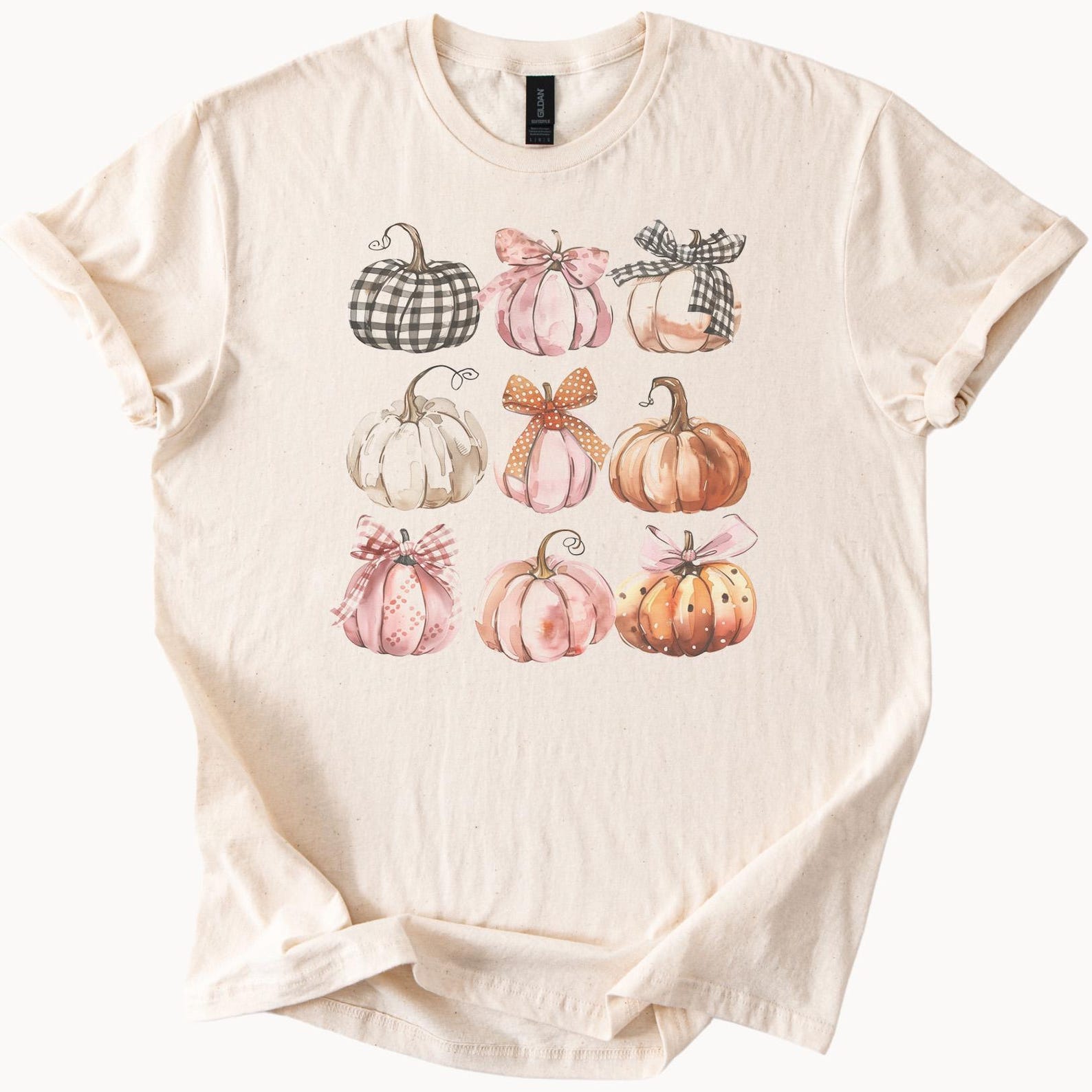 Fall pumpkin t shirt with cute plaid and polka dot ribbon pumpkins autumn graphic tee cozy seasonal shirt 140