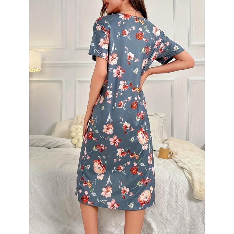 Velká velikost, Kulatý výstřih, Krátký rukáv, Modrý květ meruňky, Domácí oblečení, Noční košile, Šaty, Ležérní, Dámské oblečení s potiskem