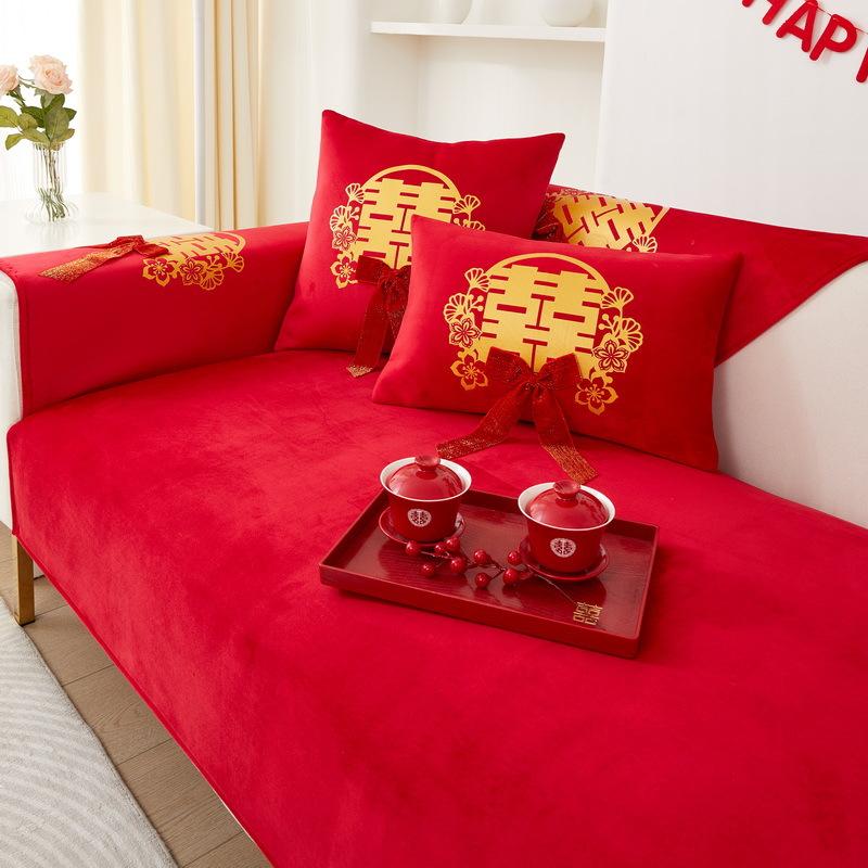 Red Happy Character Sofa Cover Wedding Happy Foreign Style Four Seasons Universal Type All-Inclusive Cover Cloth Towel Non-Slip Sofa Cushion
