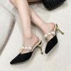 Fashion Women Slippers Pearl Black Sandals Summer Autumn Shoes 2024 Outdoor Thin High Heels Girl Pointed Toe Pumps Fashion Temperament