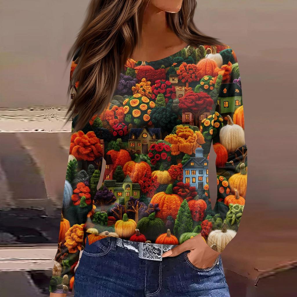 Women's Fashion Casual Slit Hem Round Neck Long Sleeve Loose Halloween Printed T-Shirt Ladies Top