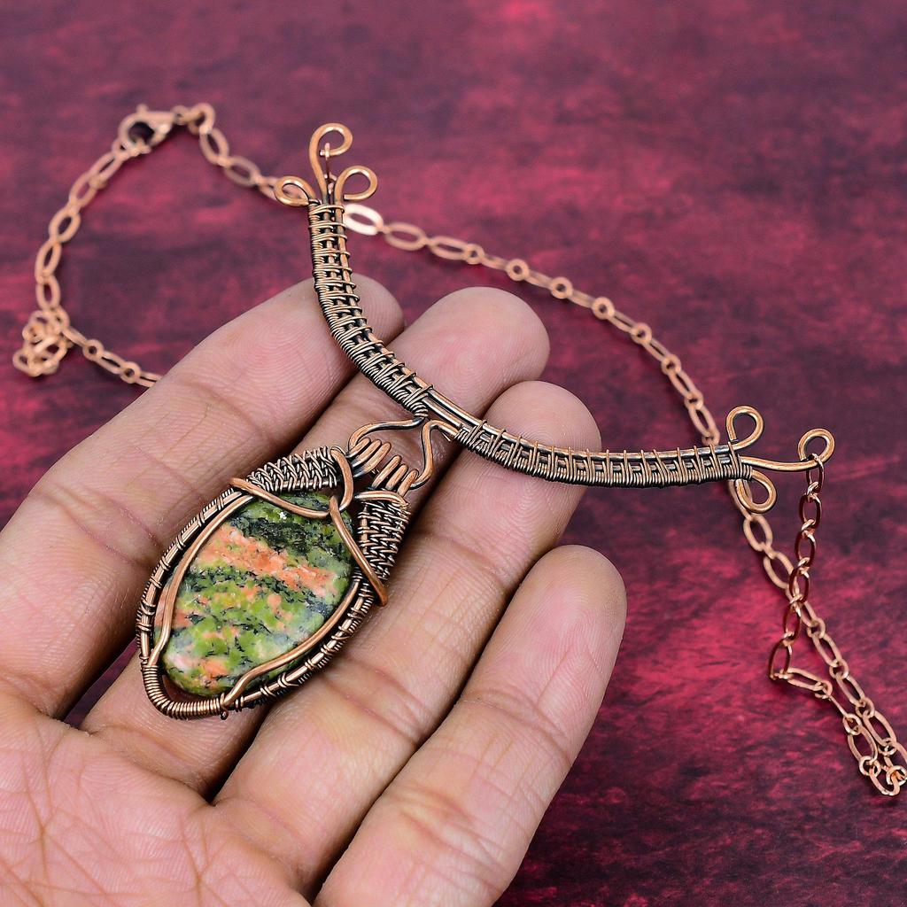 Unakite Gemstone Necklace Adjustable Chain Necklace Copper Wire Wrapped Jewelry