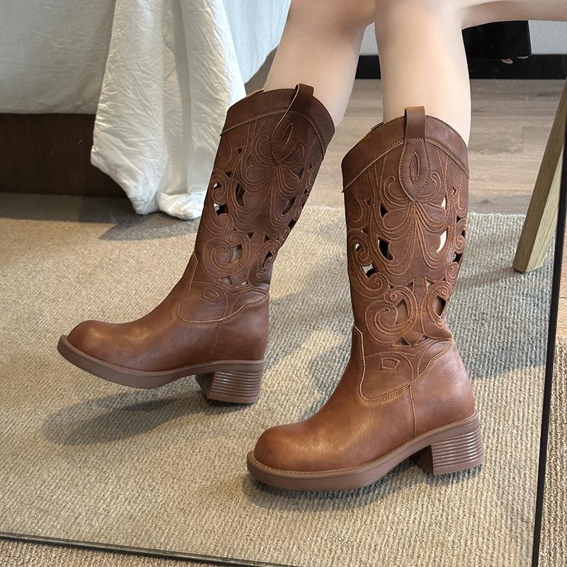 Fashion Vintage Hollow Out Women Western Cowboy Boots Autumn Ladies Causal Thick Heel Long Botas Zapatos De Mujer