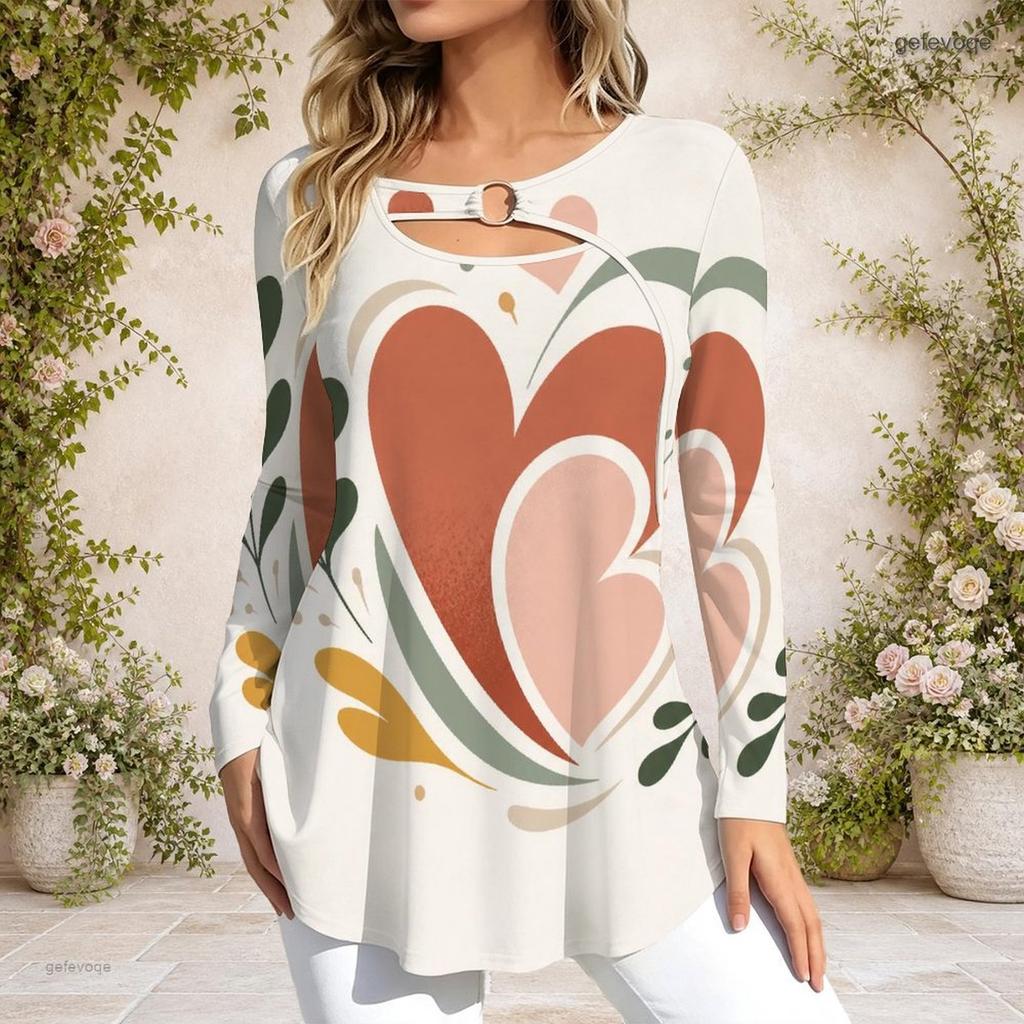 Women Plus Size Long Sleeve Loose Top Metal Ring Neck Detail For Casual Daily Wear