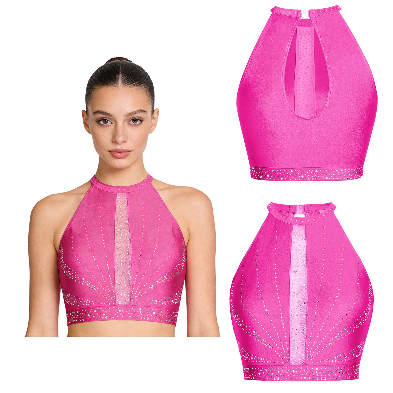 

S-XXL Womens Lyrical Dance Crop Top Glittery Rhinestones Sleeveless Back Hollow-out Tank Top Modern Dance Belly Dance Costume for Stage Performance гарячі рожевого кольору