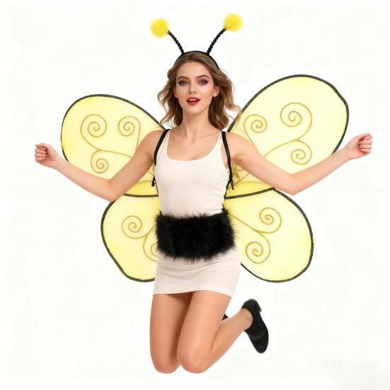 Halloween Bee Wing for Kids Boys Girls Yellow Mesh Wing Costume Animal Cosplay Headband for Fantasy Party Accessories