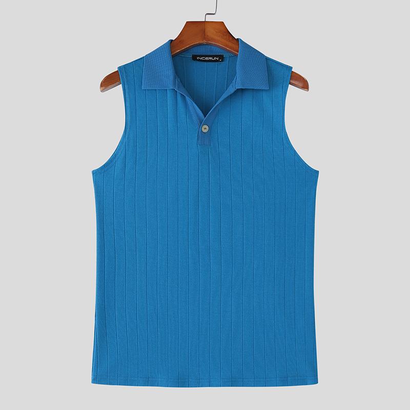 

INCERUN Мужские летние майки без рукавов с лацканами на пуговицах, однотонные, повседневные, в рубчик 5XL синий