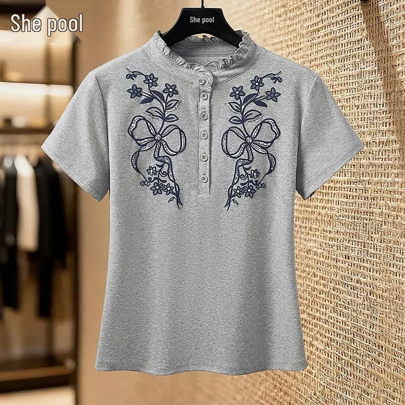 Women s Embroidered Ruffle Trim Short Sleeve T-Shirt L