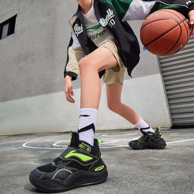 Li Ning Youth Pre Comfortable Non-Slip Shock Absorbing Durable Supportive Mid-Top Basketball Shoes Kids Basketball Shoes Black Green YKBT092-1