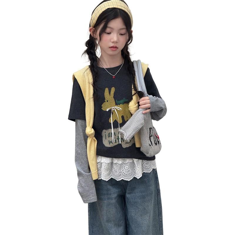 Girl Base Layer Shirt Spliced Fake 2-Piece Long Sleeve T-Shirt Slim Fit Stretch Inner Top Kids