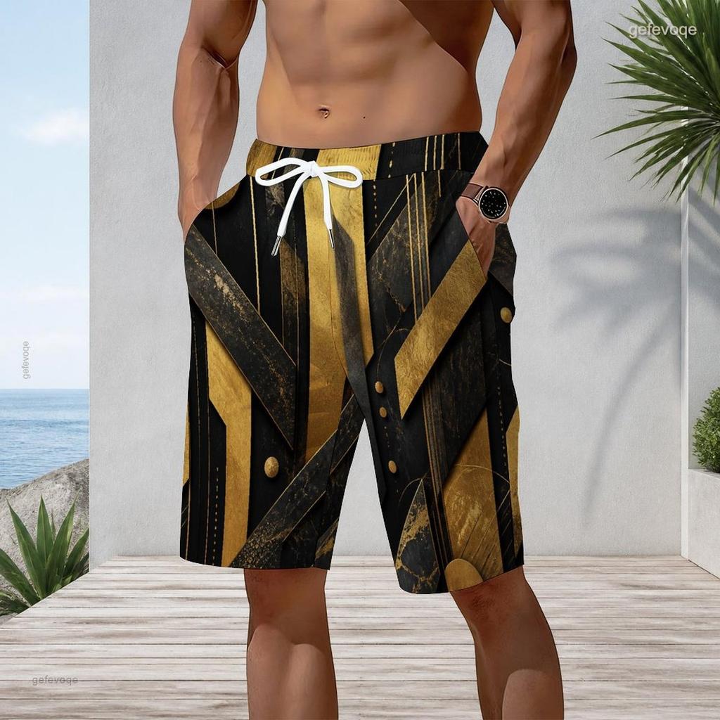 Men Plus Size Green Black Printed Beach Shorts Drawstring Waist Side Pockets Straight Leg