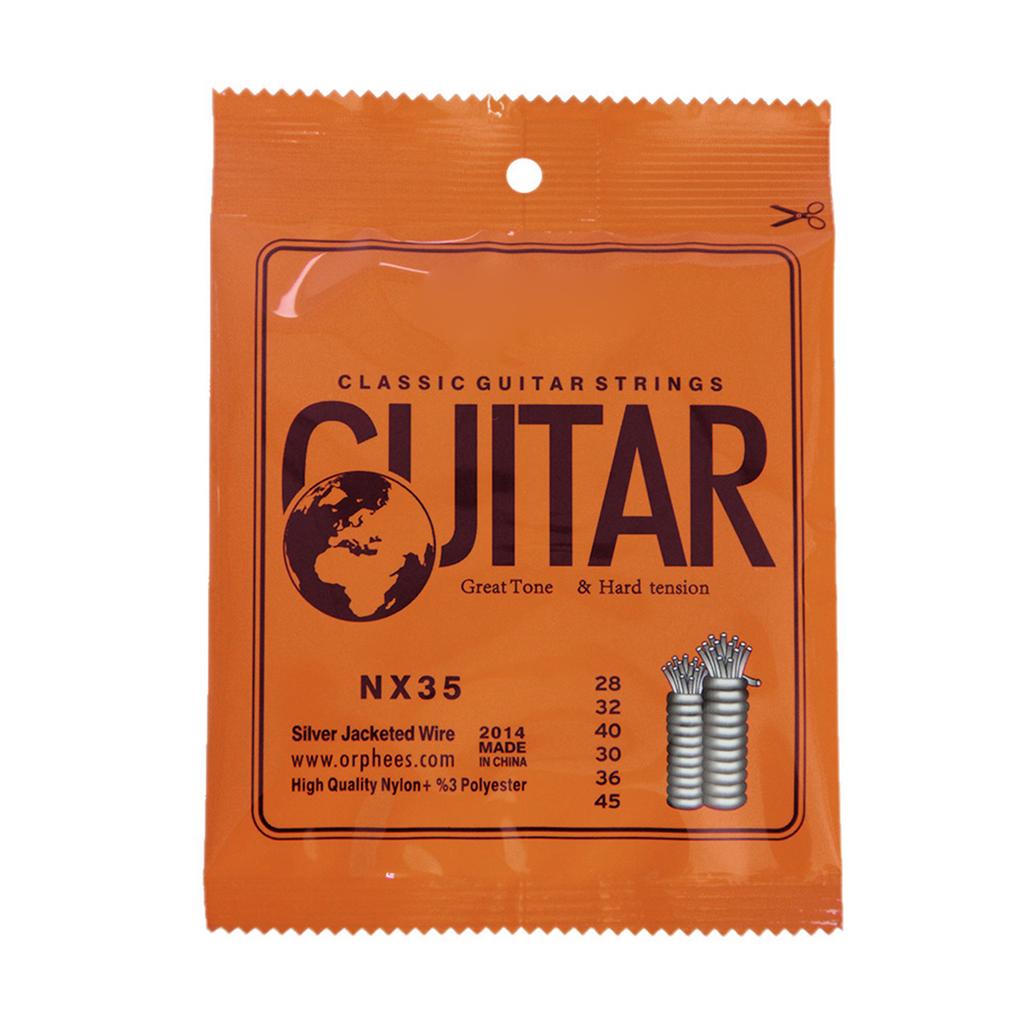 Orphee NX35 Nylon-Saiten für klassische Gitarre, 6 Stück, kompletter Ersatz-Satz (.028 .045) Nylonkern versilberter Draht hart