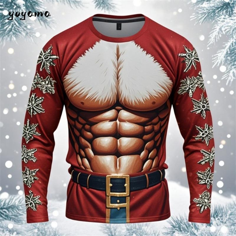 Zabawne brzydkie koszulki z nadrukiem 3D z fałszywymi mięśniami Świętego Mikołaja Xmas Męskie Damskie Koszulki z długim rękawem Moda Oversize Świąteczna odzież męska