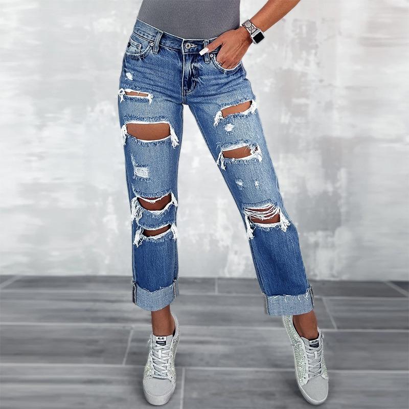 New Women's Ripped Jeans Pocket Skinny Straight Pants Trousers