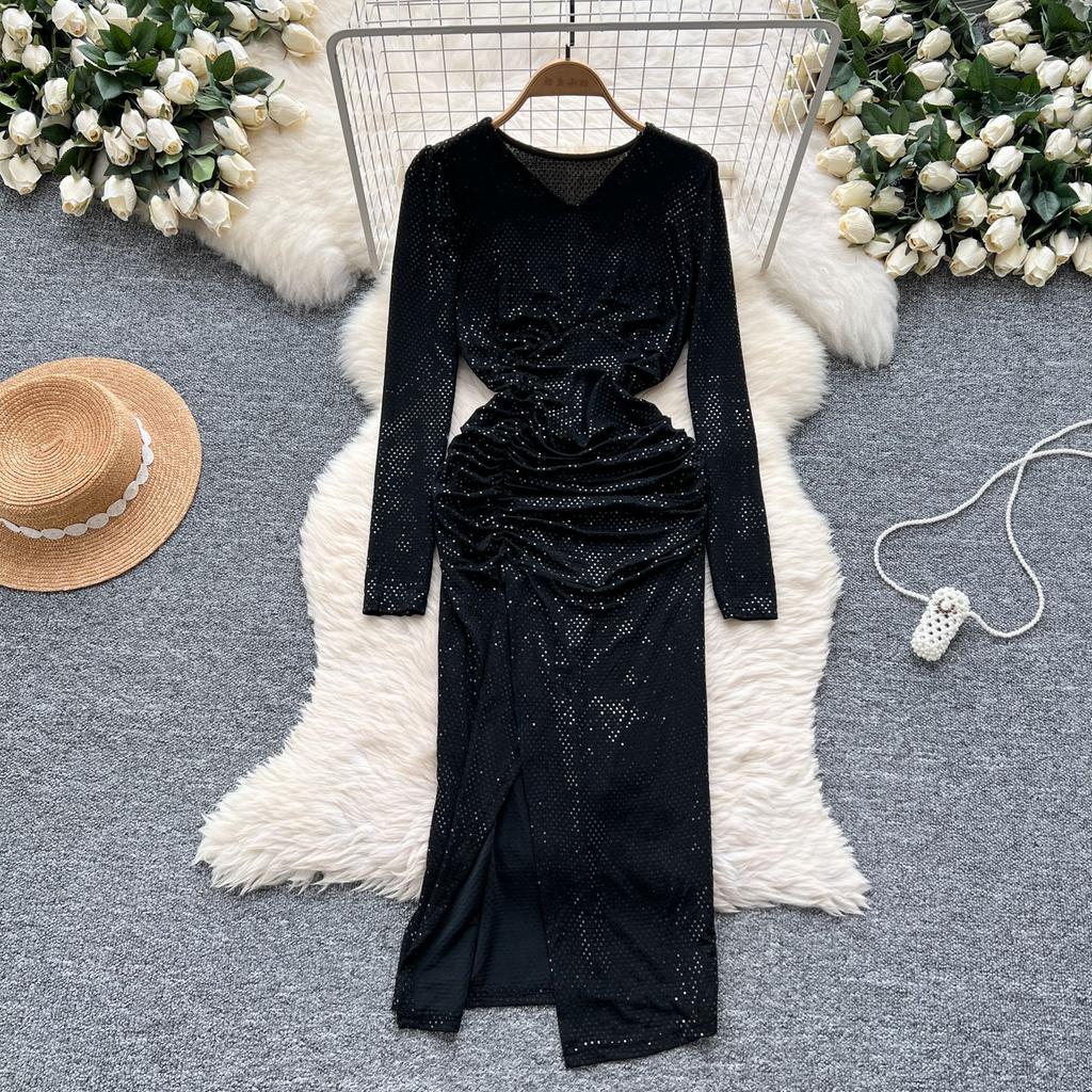 Women's Sequins Glitter Dress Autumn Pleated Waist Slim Split Package Hip Dress
