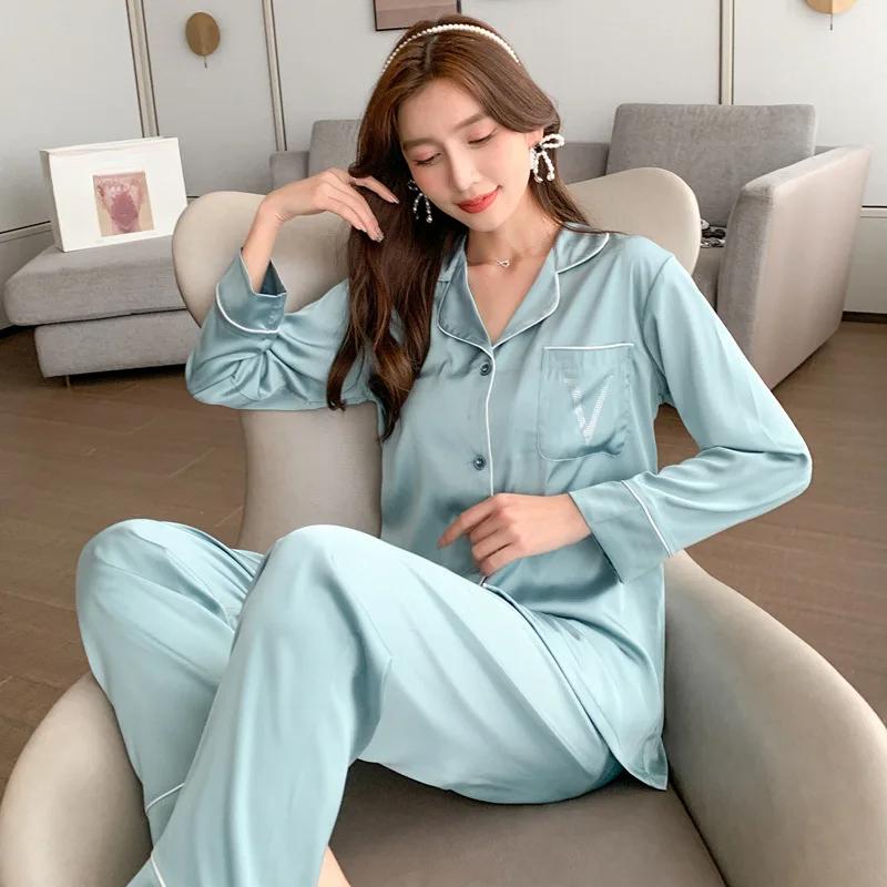 Ice Silk Pajamas Suit Solid Color Long-Sleeved Trousers 2PCS Sleepwear Sexy Lapel Senior Loose Casual Home Clothes Loungewear