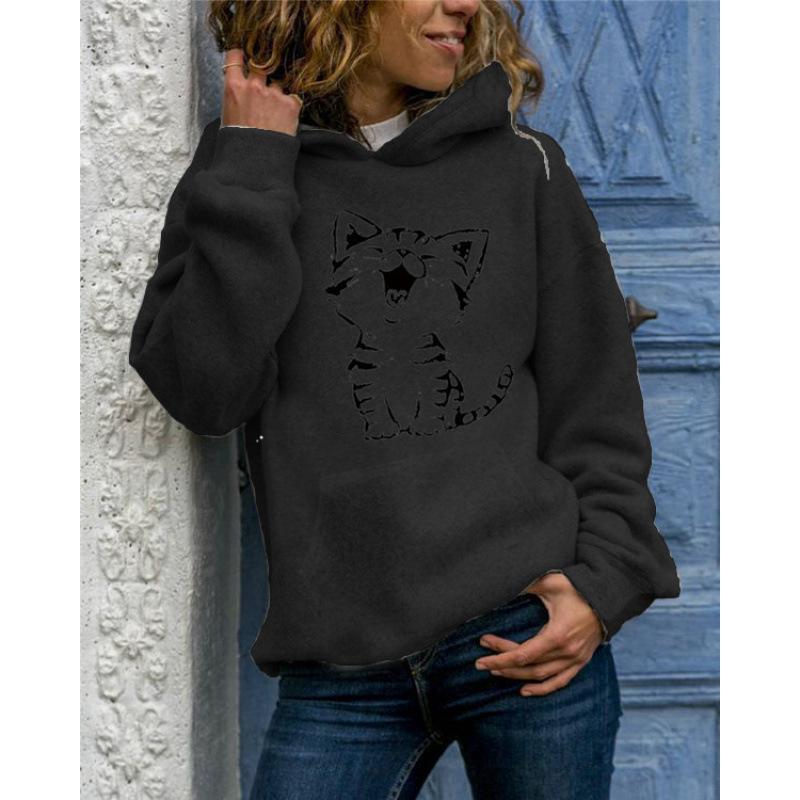 2025 New Solid Color Pullover Sweatshirt Animal Print Round Neck Hooded with Kangaroo Pocket Versatile Casual Women's Tops Coat