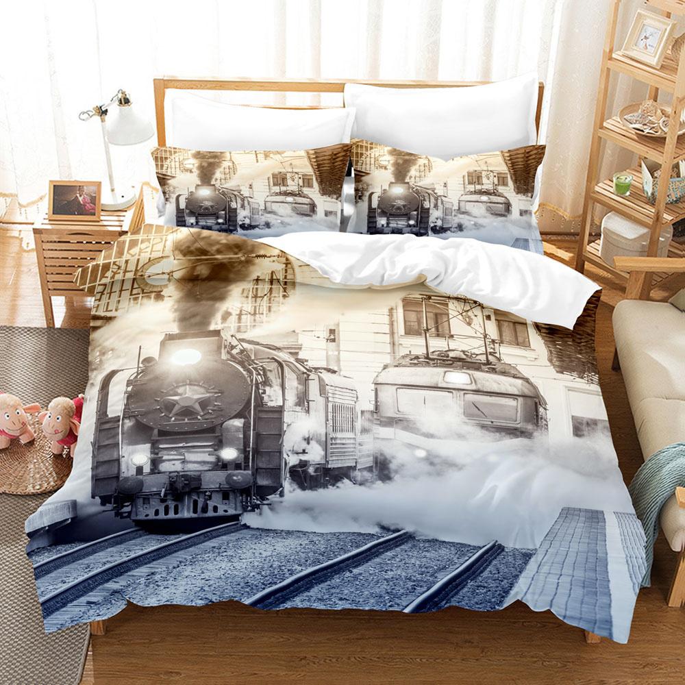 Steam Engine Duvet Cover Set Black Smoke Vintage Locomotive Train Picture King Queen Size For Kid Boy Girl Polyester Bedding Set