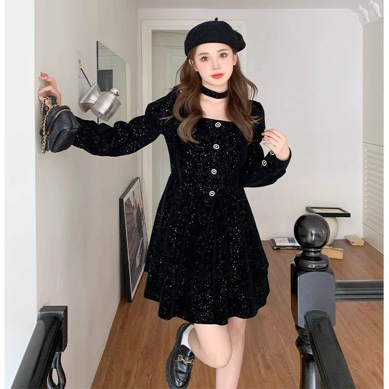 French Black Velvet Hepburn Style Slim Dress for Women - Spring/Autumn