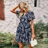 Chic Floral Print V Neck Short Sleeve Loose Dress Women Spring Autumn Fashion S-XL