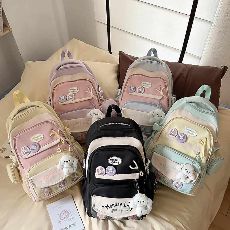 Japanese ins schoolbag for girls, junior high school students, cute contrasting color backpack, light and large-capacity student class backpack
