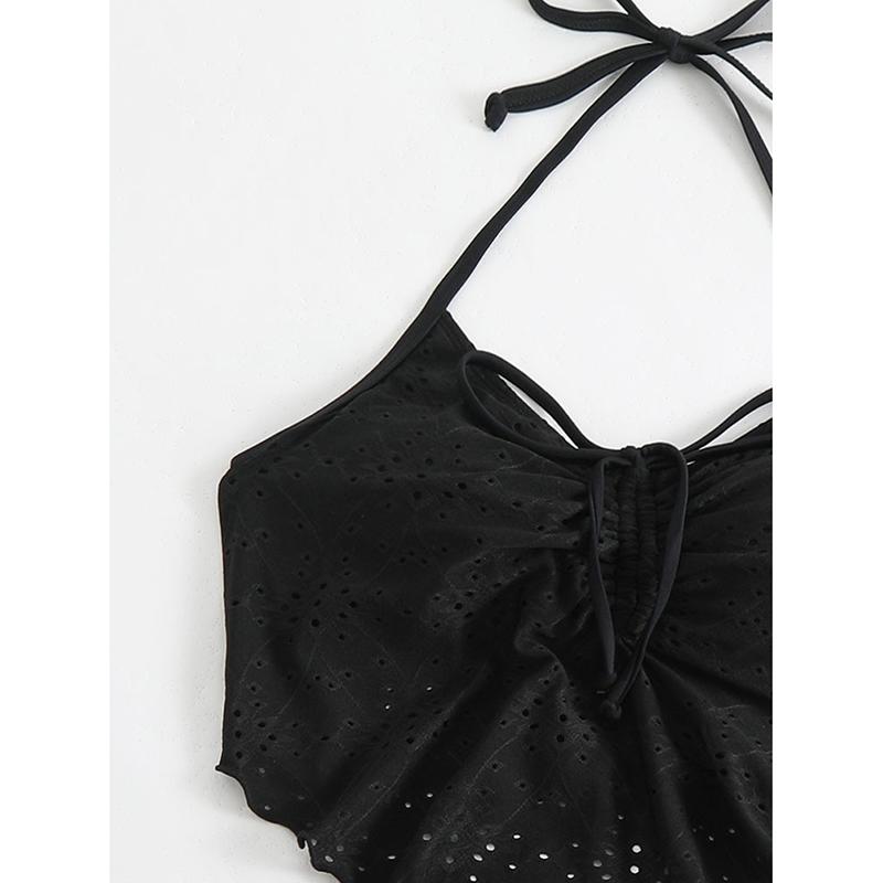 Neues Schwarzes Spitze Neckholder Bikini Set Kordelzug Design Strandurlaub Badeanzug Separater Unterteil String Bikini Damen Bademode