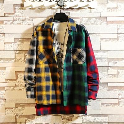 Männer Frühling Hemd Colorblock Plaid Print einreiher Lose Langarm Revers Tasten Streetwear Casual Strickjacke Hemd Mantel