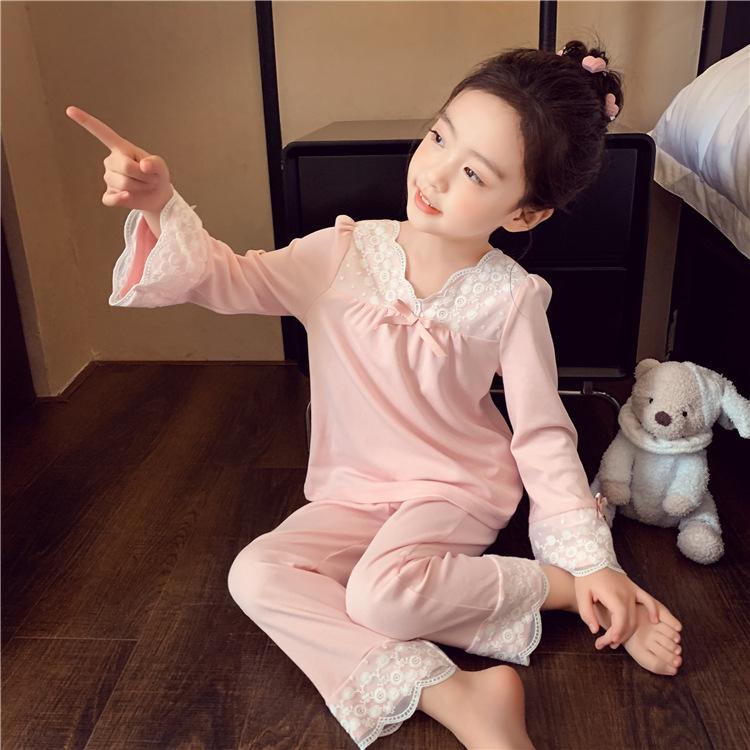 Girls' Home Clothes Set Spring and Autumn New Lace Lace Children's Loose Long Sleeve Pajamas Sleepy Pants Sweet Two Piece Set