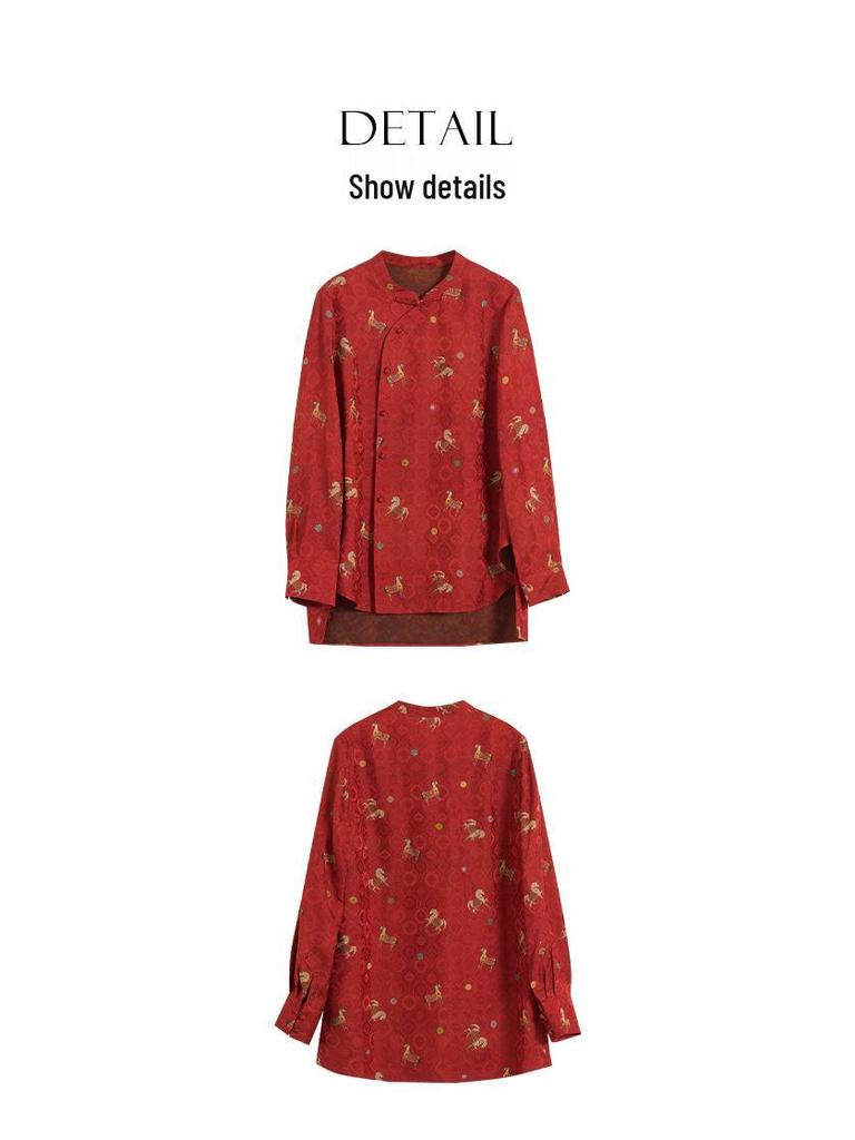 Golden Saddle Embroidered Stand Collar Shirt with Frog Button - New Chinese Style Long Sleeve Top (2026 Design)